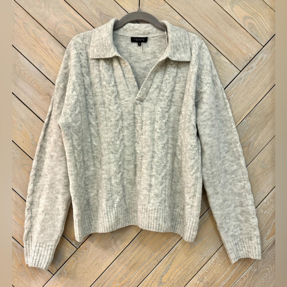 1.STATE | Women’s Heather Gray | Collared Cable Knit Sweater | M